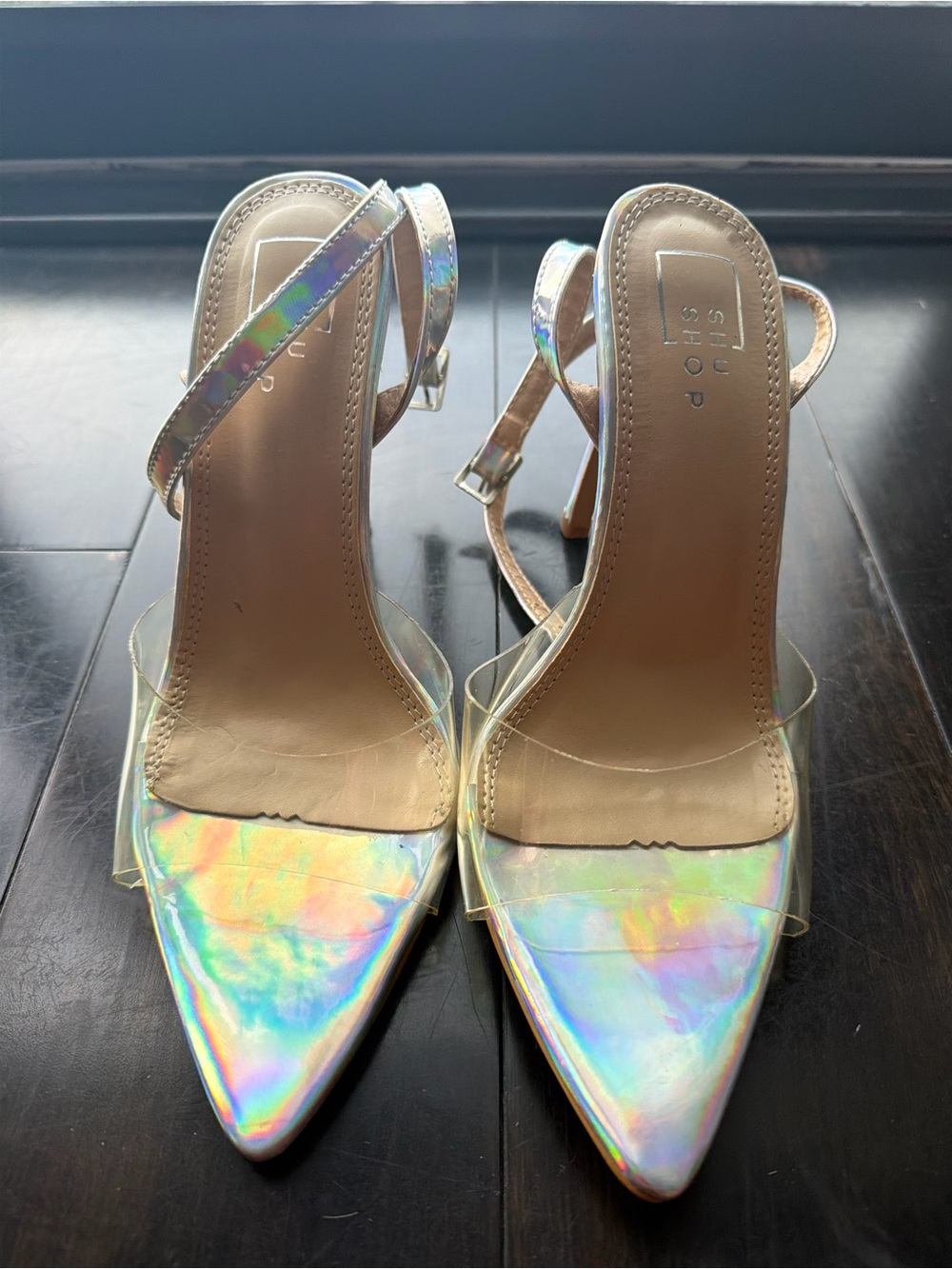 ShuShop Holographic Pointed-Toe Ankle Strap Heels